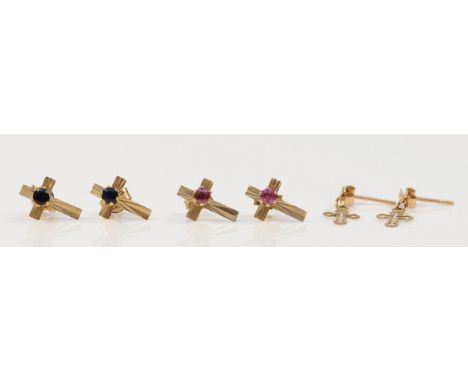 Three pairs of 9ct gold ruby and sapphire cross earrings with scroll backs, 1.2g