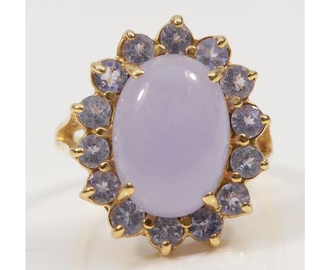 A 14K gold mauve jade and purple gemstone dress ring, L, 5.6g