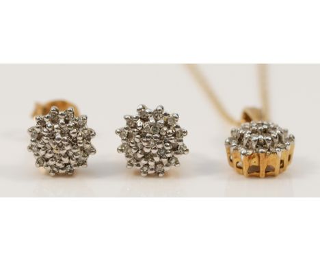 A pair of 9ct gold diamond cluster earrings with scroll backs, together with the matching pendant on a chain, 2.4g