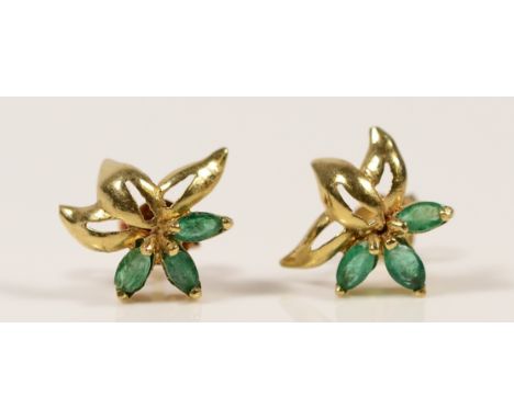 A pair of 9ct gold emerald earrings with scroll backs, 1g
