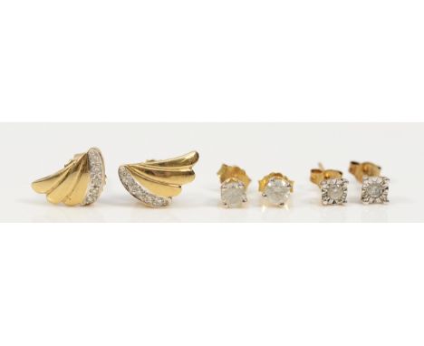 Three pairs of 9ct gold diamond earrings with scroll backs, 2.2g