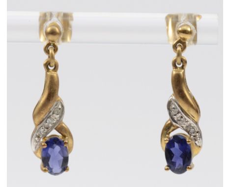 A pair of 9ct gold diamond and sapphire drop earrings with scroll backs, 2g