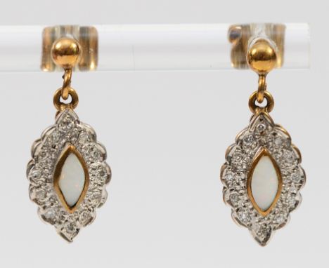 A pair of 9ct gold diamond and opal drop earrings with scroll backs, 2.3g