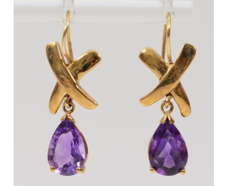 A pair of 9ct gold amethyst drop hook earrings, 4.8g
