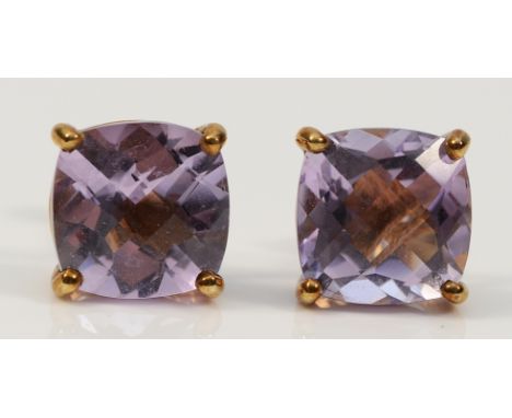 A pair of 9ct gold amethyst earrings with scroll backs, 9mm x 9mm amethyst, 3g
