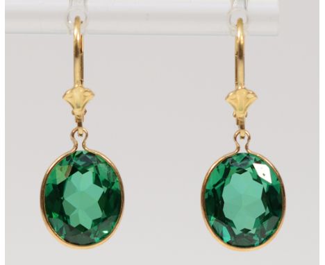A pair of 14K gold green gemstone lever back earrings, 12mm x 10mm, 3.3g