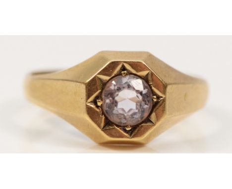 A 9ct gold amethyst signet style ring, Birmingham 1974, 6mm amethyst, R, 3.2g