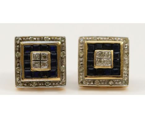A pair of 9ct gold sapphire and diamond square cluster earrings, 9mm x 9mm, with scroll backs, 1.9g