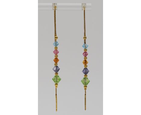 A pair of 9ct gold gemstone drop thread through earrings, 2.1g
