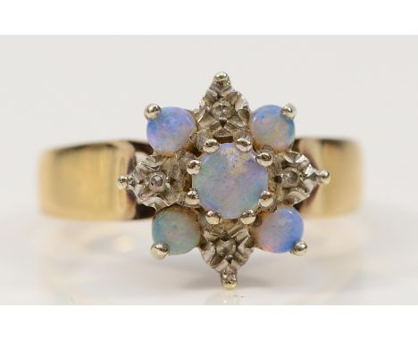 A 9ct gold opal and single cut diamond floral cluster ring, M, 3.7g