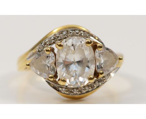A QVC 14K gold white gemstone cross over ring, 10mm x 7mm central gemstone, L, 4g