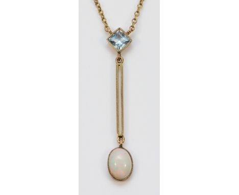 A 9ct gold opal and blue gemstone drop pendant necklace, 35mm, 2g