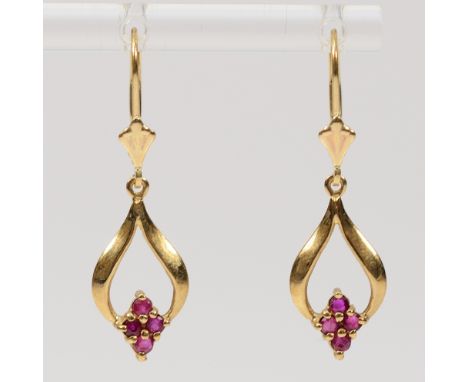 A pair of 9ct gold ruby lever back earrings, 1.7g
