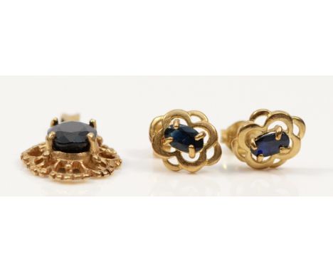A pair of 9ct sapphire earrings with scroll backs, with the matching pendant, 2.4g