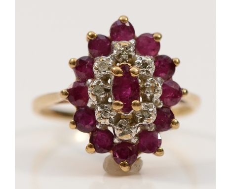 A 9ct gold ruby and diamond cluster ring, I 1/2, 2.3g