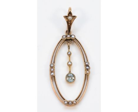 An unmarked 9ct gold Edwardian aquamarine and seed pearl pendant, 42mm, 2.3g