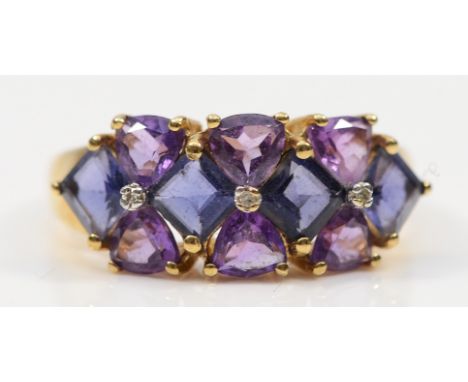A 9ct gold diamond, sapphire and amethyst dress ring, P, 3.4g