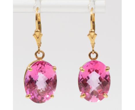 A pair of 14K gold pink gemstone lever back earrings, 15mm x 12mm, 8.7g