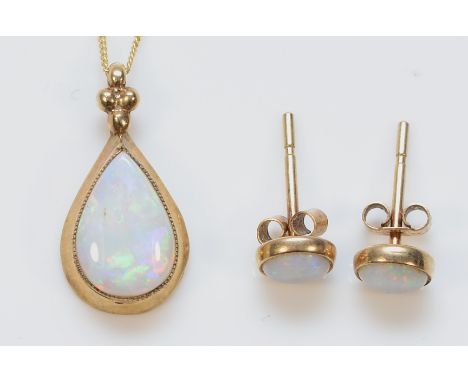 A pair of 9ct gold opal earrings with scroll backs, together with a 9ct gold opal pendant on a chain, 1.9g