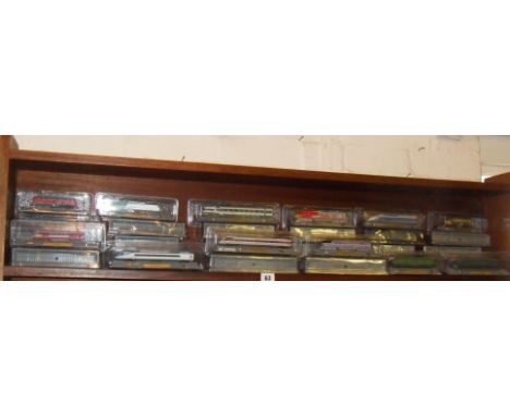Shelf of diesel electric trains of Locomotives by Del Prado, all cased and with associated paperwork