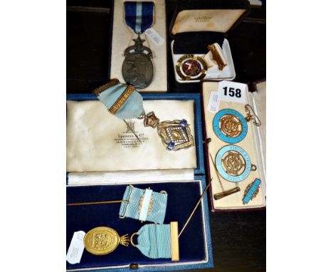 Collection of enamel Masonic jewels and medals, three silver (six altogether) with ribbons, cases and fixings