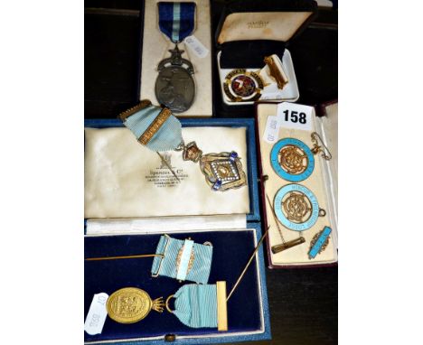 Collection of enamel Masonic jewels and medals, three silver (six altogether) with ribbons, cases and fixings