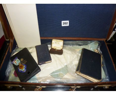 Leather case containing Masonic Apron and other regalia including 1927 silver and enamel Steward Jewel, documents etc.