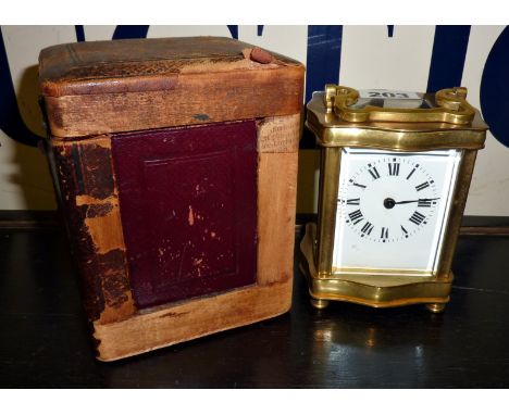 Victorian brass carriage clock with enamel dial and case