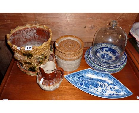 Glazed Verwood pottery 'tree trunk' jardiniere & dish, some blue & white plates etc, and a glass cheese cover