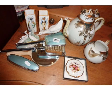 Japanese three piece tea set, Deco brush set, two Lladro geese figures and a pair of Italian spill vases