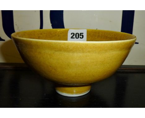Lucie Rie Studio Pottery footed porcelain bowl with rich mustard yellow glaze, c. 1950's, diameter approx 5.5"