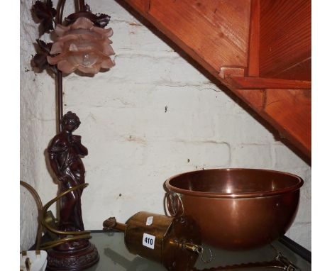 Clockwork brass roasting jack, copper mixing bowl, and a kitsch lamp with glass shade