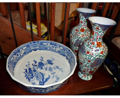 Masons Ironstone blue & white wash basin, and two Continental vases (A/F)