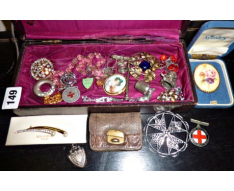 Bundle of costume jewellery with silver watch fob, enamel badges, silver? propelling pencil inset with amethyst