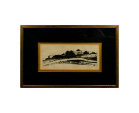 Vintage etching print on laid paper of the Hadassah Hospital in Mount Scopus. Illegibly signed in lower right corner. Hebrew 