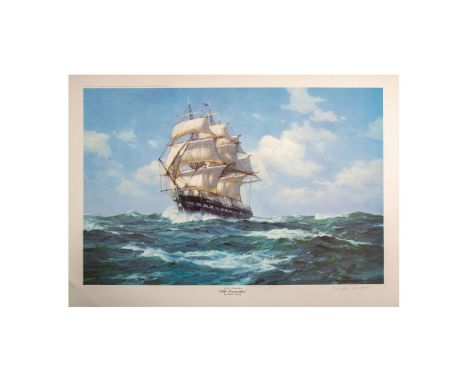 U.S.S. Constitution - Old Ironsides is a large color lithograph of the heavy frigate in full sail in rough waters based on an
