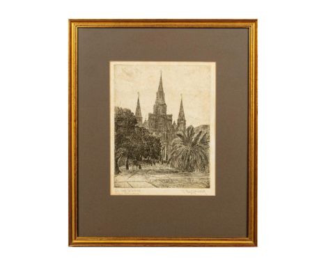 Titled: St. Louis Cathedral, New Orleans. Portrait view depicting the oldest cathedral in North America, founded as a Catholi