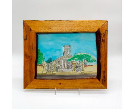 Painting titled: "Kawaihao Church," built in Honolulu 1842. Natural wood frame. Artist signed lower right.Sight size total: 8