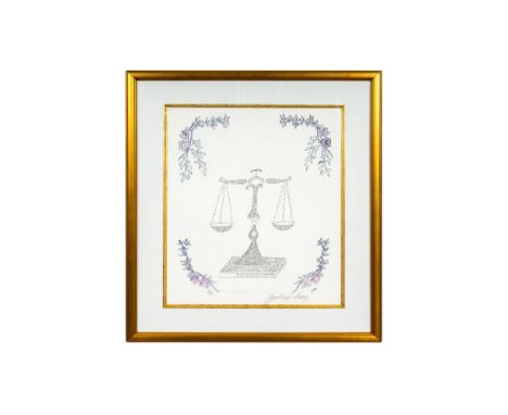 Depicting the Scale Of Justice. Signed in pencil lower right, numbered 88/500 lower left.Measures 21" x 18.5" including frame