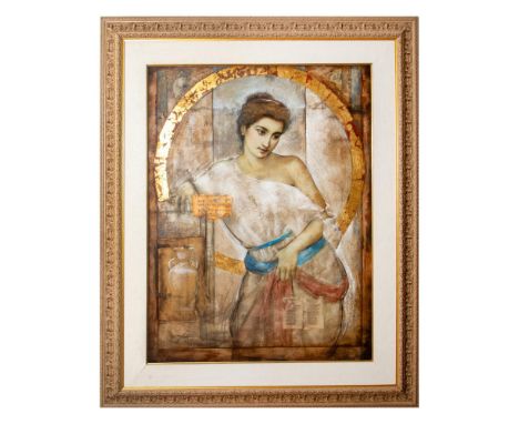 Titled: Ancestral Sash. Original embellished giclee on canvas. Artist signed bottom left. Housed in ornate beige frame with c