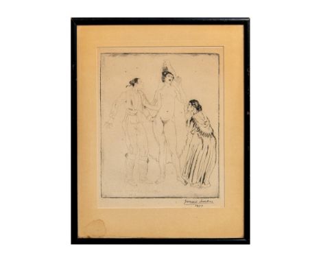 Etching print on paper depicting a nude woman being groped and leered at by a young man and an old woman. Text on lower left 