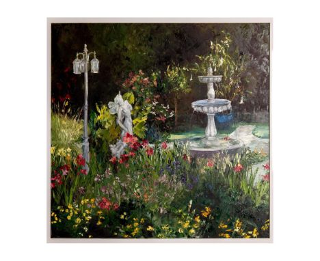 Beautiful depiction in an Impressionist style of a garden in full bloom where Jane Ellen has depicted a three-tiered fountain