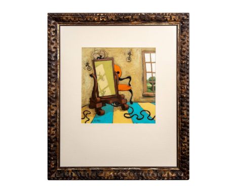 A playful surrealist painting depicting an interior scene with a variety of objects that feel eerily alive with personality. 