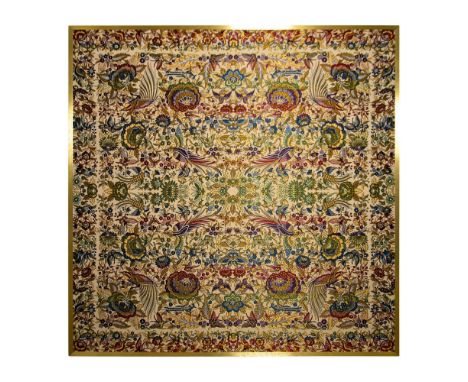 Massive tapestry wall hanging with an Eastern design of exotic birds, butterflies, and flowers embroidered with threads of go