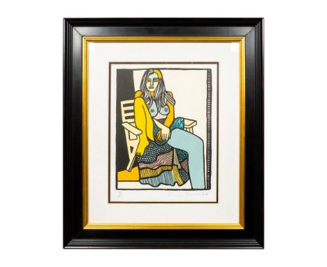 Color serigraph on deluxe paper of a partially nude girl seating in an interior and posing for the artist who has represented