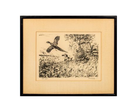 Detailed print on paper depicting a hound pursuing a pheasant bursting from its brushy hideout. Brown &amp; Bigelow printed t