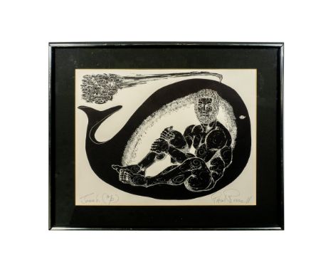 Outstanding original black and white etching on wove paper of biblical figure Jonah in the belly of the whale. Jonah is depic