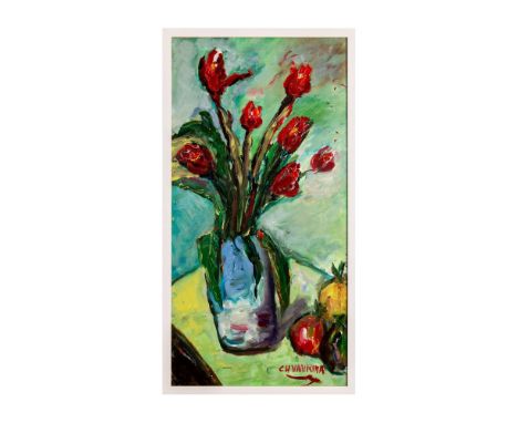 Oil on canvas painting of deep red Parrot Tulips in a light blue vase set on a tilted chartreuse table with fruits. Painted w