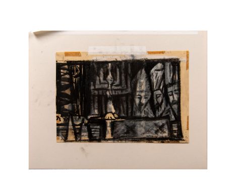 Mixed media drawing in charcoal, ink, and white chalk pastel depicting an abstracted scene of religious figures with a candel