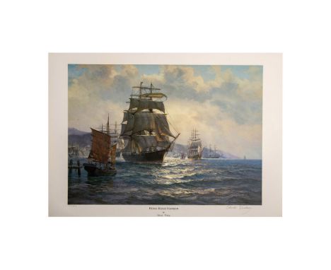 Hong Kong Harbor is a color lithograph with frigates and a junk boat shimmering with light in the harbor of Hong Kong. It is 